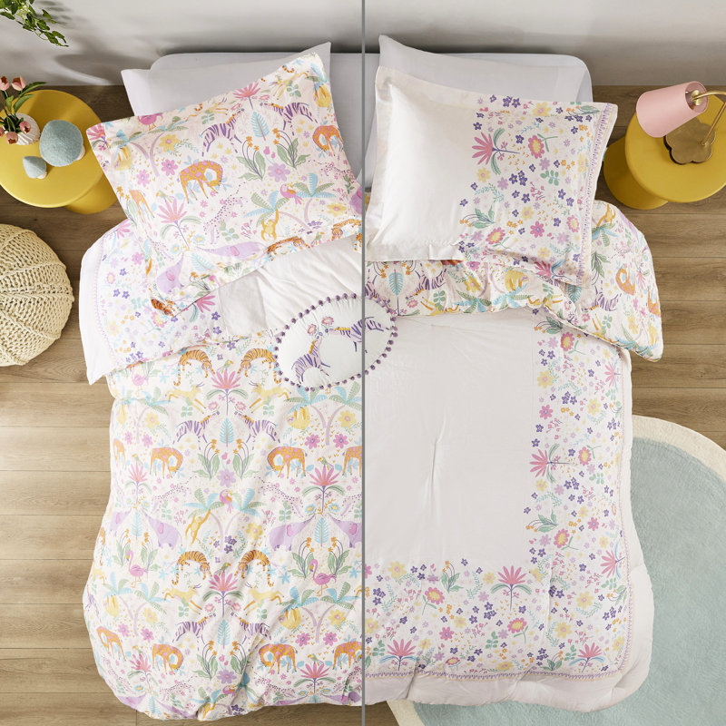 4 Piece Full/Queen Purple Floral Reversible Cotton Comforter With Tiger And Elephant Jungle Print - , Machine Washable Pcs Fabric