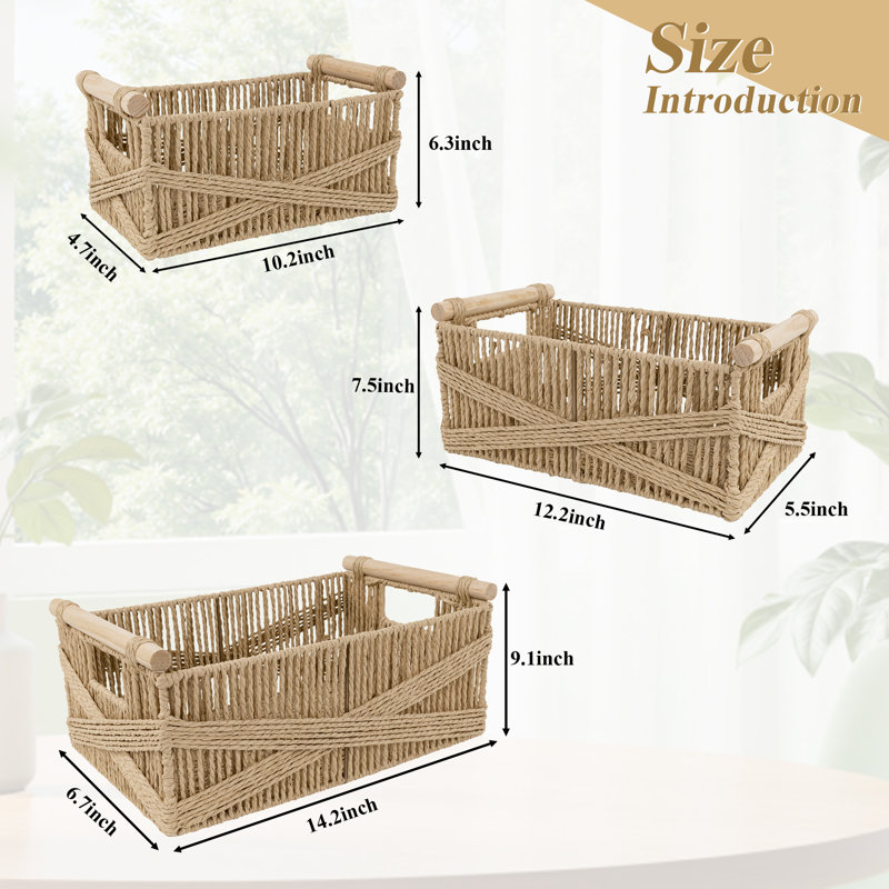 Ensemble de 3 paniers de rangement tissés en corde de papier avec poignées en bois, bacs de rangement