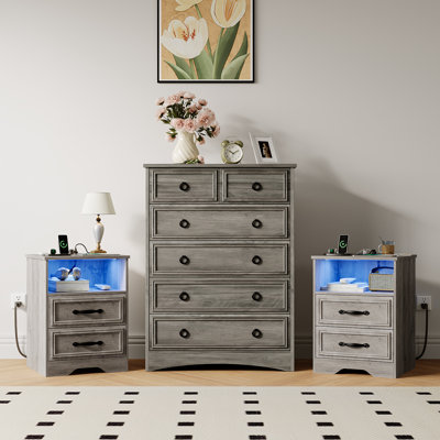 Ensemble de commode de chambre 3 pièces - Grande commode 6 tiroirs et deux tables de chevet 2 tiroirs avec station de charge, gris délavé