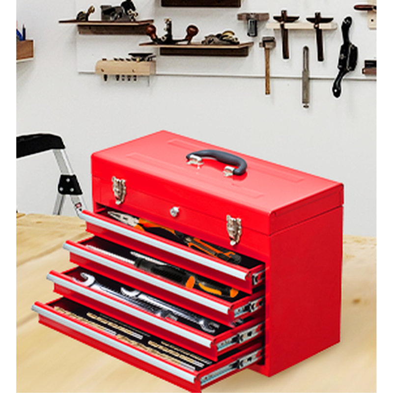4 boîtes à outils portatives en métal - Construction, verrouillable, pour le garage et l'entrepôt, fabrication en acier de qualité, revêtement thermolaqué rouge, réparation extérieure