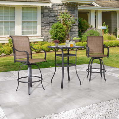 3-Piece Metal Bar Height Outdoor Dining Set with Brown Textilene Sling Chairs and Glass Top Table