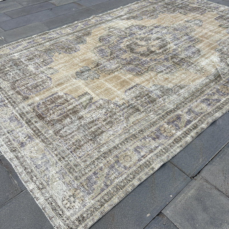 Tapis turc Oushak rétro surdimensionné à pampilles - Design anatolien beige délavé pour le salon