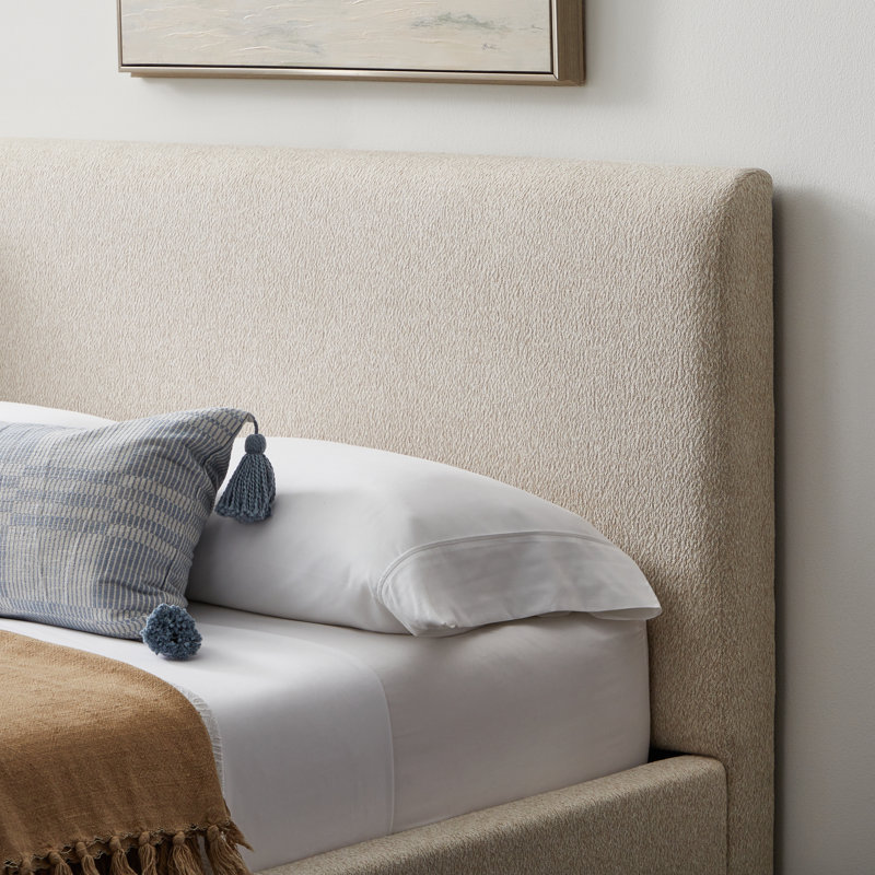 Beige King Upholstered Platform Bed with Wood Frame
