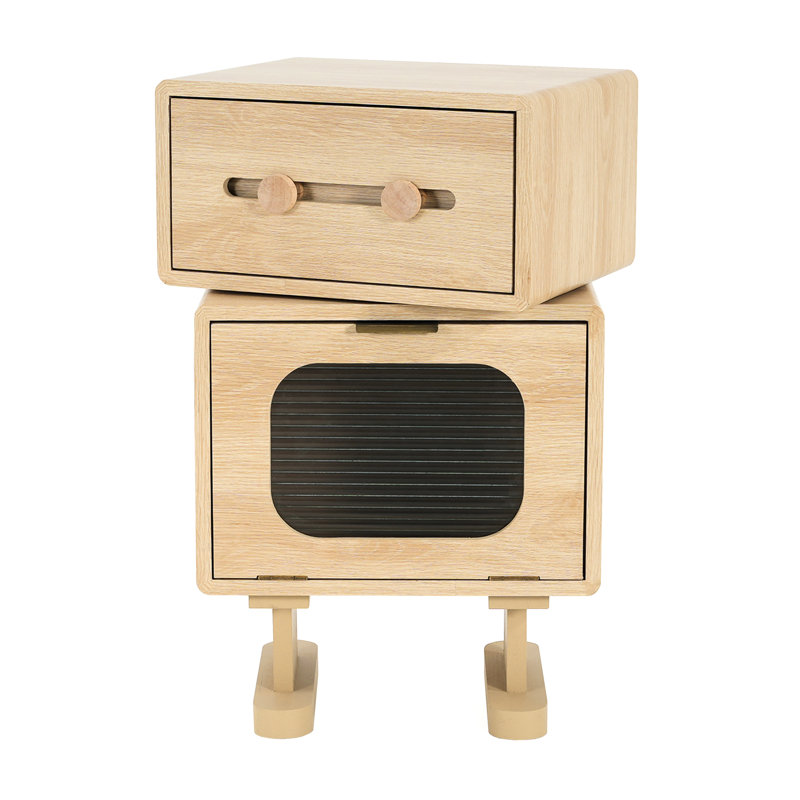 Table d'appoint rotative avec finition naturelle avec armoire en verre, tiroir pratique et base de circulation d'air pour petits espaces