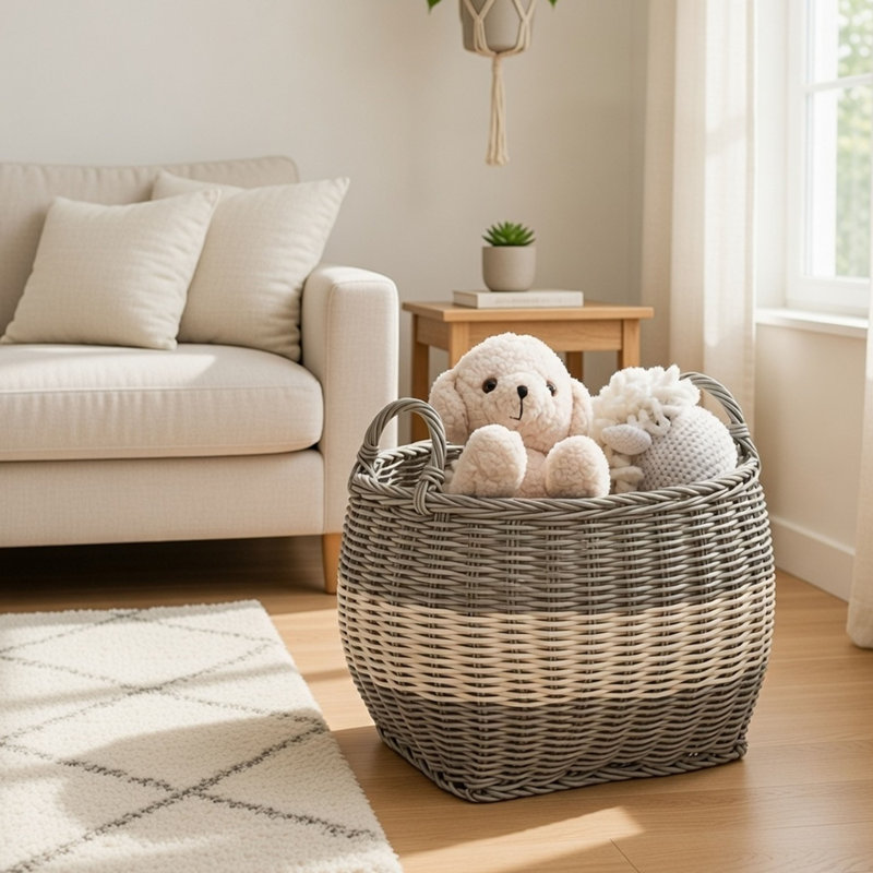 Panier de rangement Cae avec poignées, panier en osier tressé gris et crème 18 po