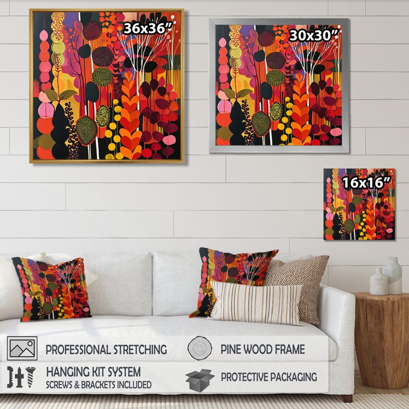 Feuilles d'automne, forêt, Illustration rétro - Botanique, art mural, Toile avec cadre flottant noir