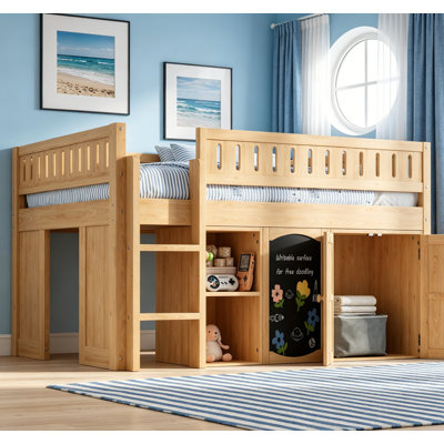 Lit mezzanine double avec armoire de rangement et tableau noir, idéal pour les espaces de vie créatifs et organisés