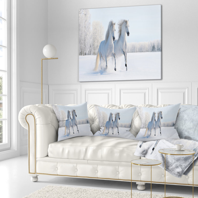 Deux poneys blancs au galop - coussin imprimé animal, 16 po x 1 po, Coussin décoratif