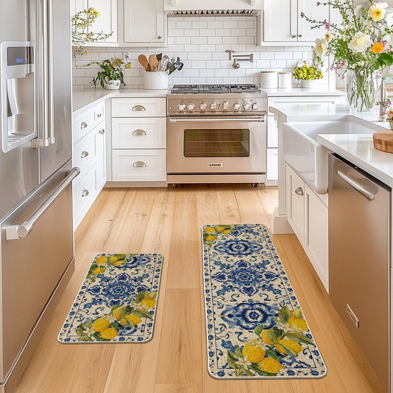 Blue Floral Lemons Kitchen Mats - Blue - Set Of 2 Low-Profile Floor Rugs, 17X29 & 17X47 Inch, Spring Home Decor