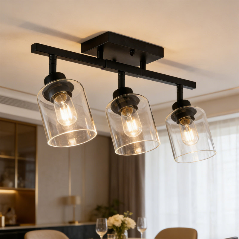 Plafonnier ajustable semi-encastré avec abat-jour en verre transparent, Trois lumières