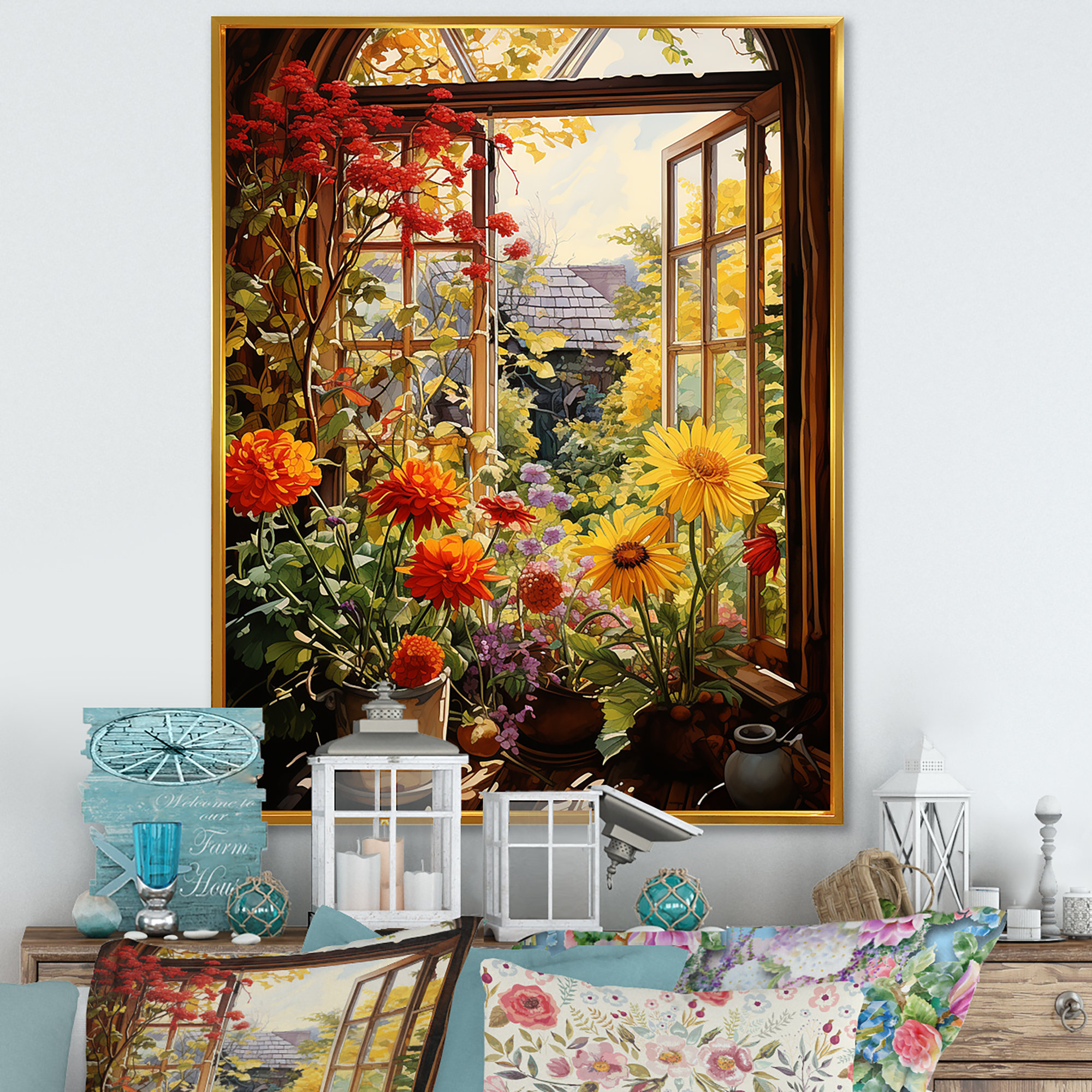 Tableau Brodé Fleurs Sous Verre Et Cadre - Scène De Fenêtre Décorative 7x5 Pouces - Fait Main Vintage