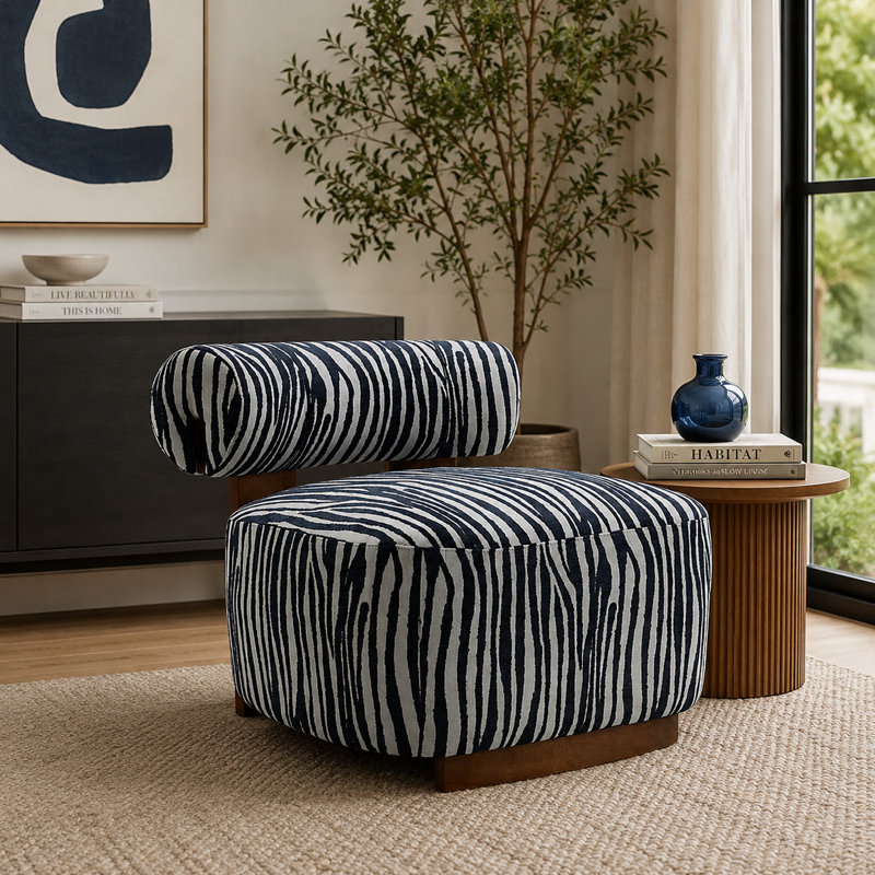 Chaise d'appoint Niya Zebra avec dossier cylindrique, chenille bleu-blanc, Blue/White Chenille