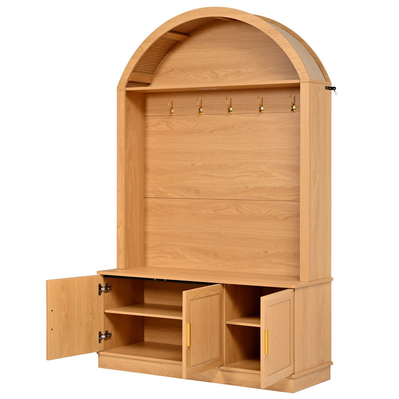 Farmhouse Arched Hall Tree with Storage Bench, Fluted Storage Cabinets, Adjustable Shelves and 5 Coat Hooks, Entryway Organizer