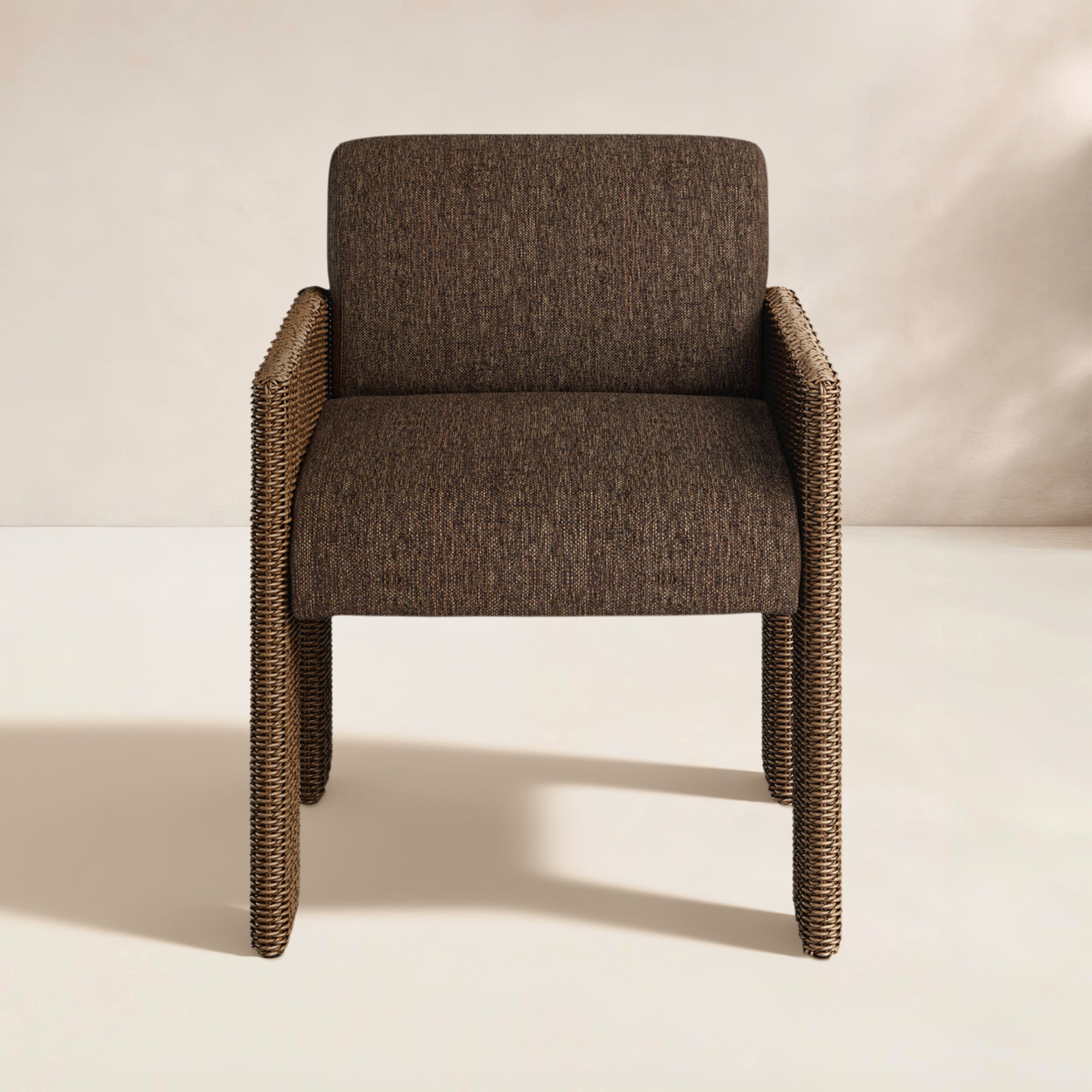 Easley Patio Dining Armchair with Cushion, Chocolate Performance Olefin, Chocolate Wicker