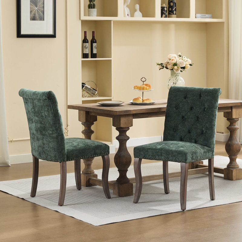 Lot de 2 chaises de salle à manger rembourrées en chenille olive, revêtement en similicuir haut de gamme, design ergonomique, forme incurvée, idéales comme chaise d'appoint pour un bureau ou une chambre, assise confortable en mousse à mémoire de forme, rivets classiques