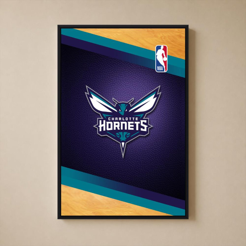 Art mural des Charlotte Hornets de la NBA, H 60 po x l 40 po, Cadre plat flottant, Noir