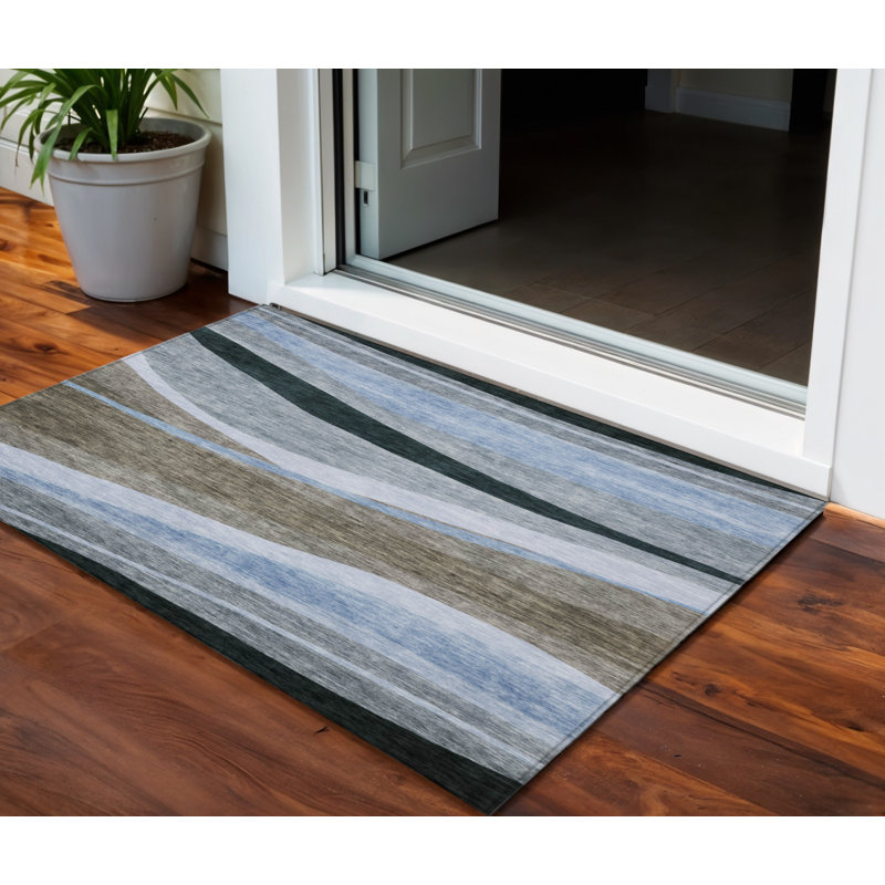 Tapis d'extérieur lavable abstrait 3 pi x 5 pi bleu et gris