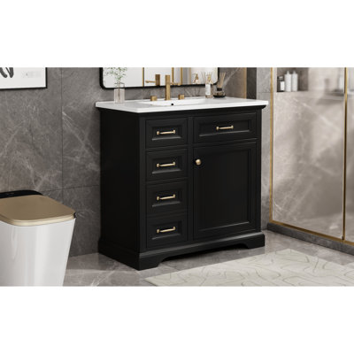 36-Inch Freestanding Bathroom Vanity, 4 Drawers, Soft-Close Door, Ceramic Sink, Pre-Drilled Faucet, Black Painted Vanity For Bathroom, Integrated 1