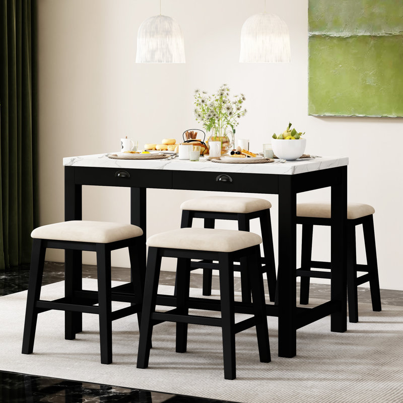 TREXM 5-Piece Modern Faux Marble Versatile Bar Table Set With Storage Drawers And Padded Stools, White, White, Black