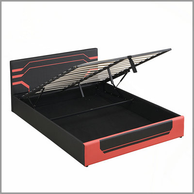 Structure de lit de jeu hydraulique moderne avec grand lit, design Esports avec esthétique Cyberpunk, lit plateforme pour les joueurs et les jeunes de la génération Z, noir et rouge