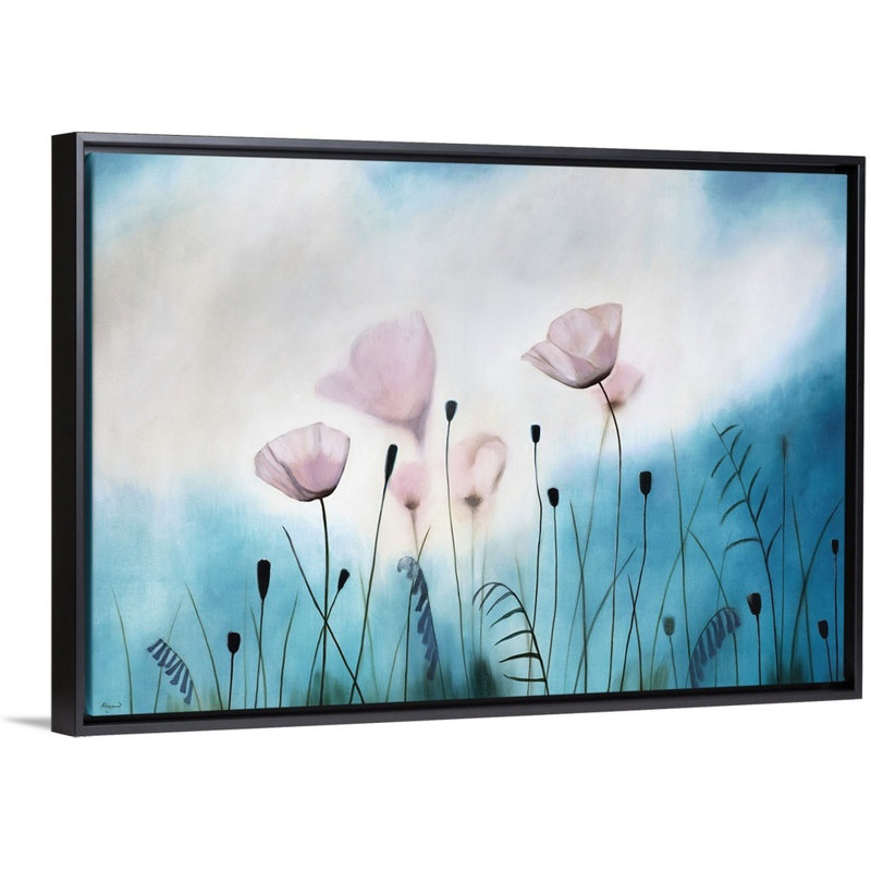 « gossamer prières », peinture sur toile, Cadre flottant noir, H 13,7 po x l 19,7 po x p 1,75 po