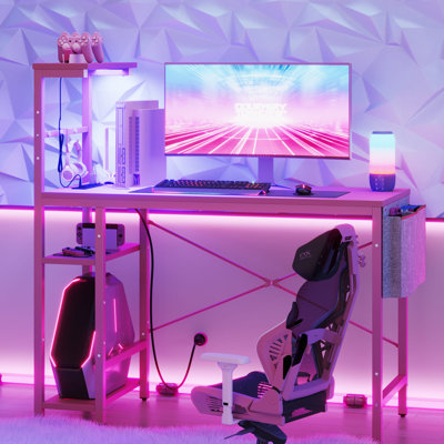 Bureau de jeu à DEL Johnothan avec prise de courant, bureau d'ordinateur avec trois niveaux de tablettes réglables