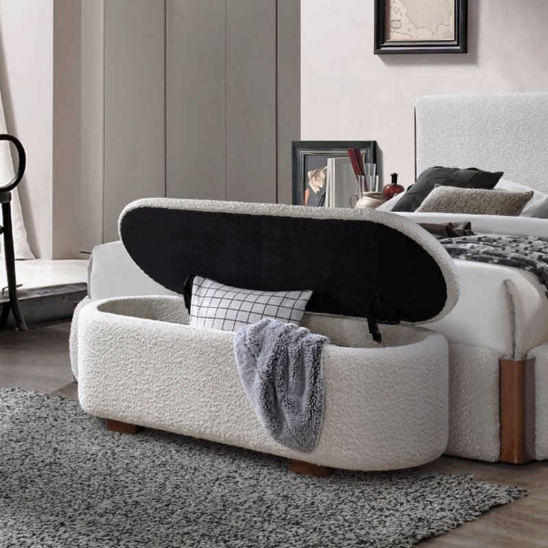 Banc beige bouclé et noyer avec rangement
