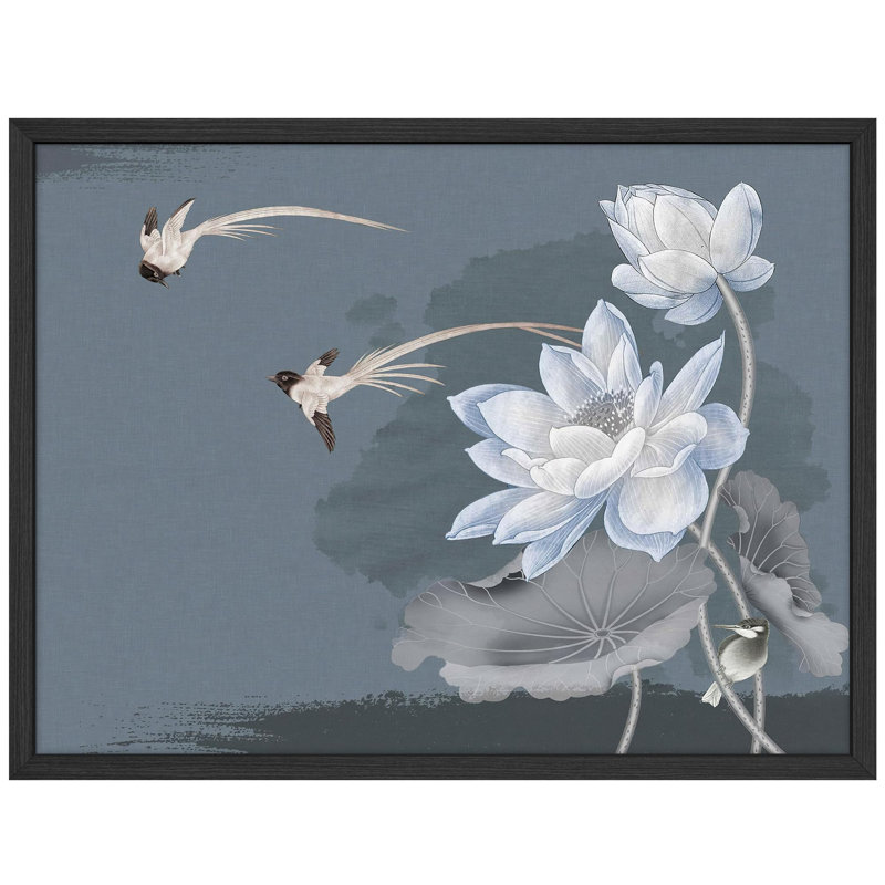 White Lotus Flowers and Birds in Asian-Inspired Blue Background Illustrations Rustic Framed Poster, Black, 11" H x 14" W