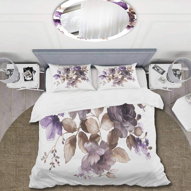 Fleurs mauves rétro avec feuilles brunes - ensemble de housse de couette traditionnel - microfibre de polyester