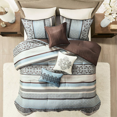 7 Piece Comforter For Queen Bed Blue - Geometric And Design, , Includes Skirt Decorative Pillows Size Traditional With Prints, Complete Shams, Pillows,