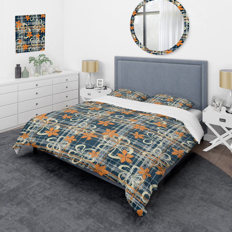 Ensemble de housse de couette à motif de fleurs orange, Housse de couette pour grand lit et 2 taies décor