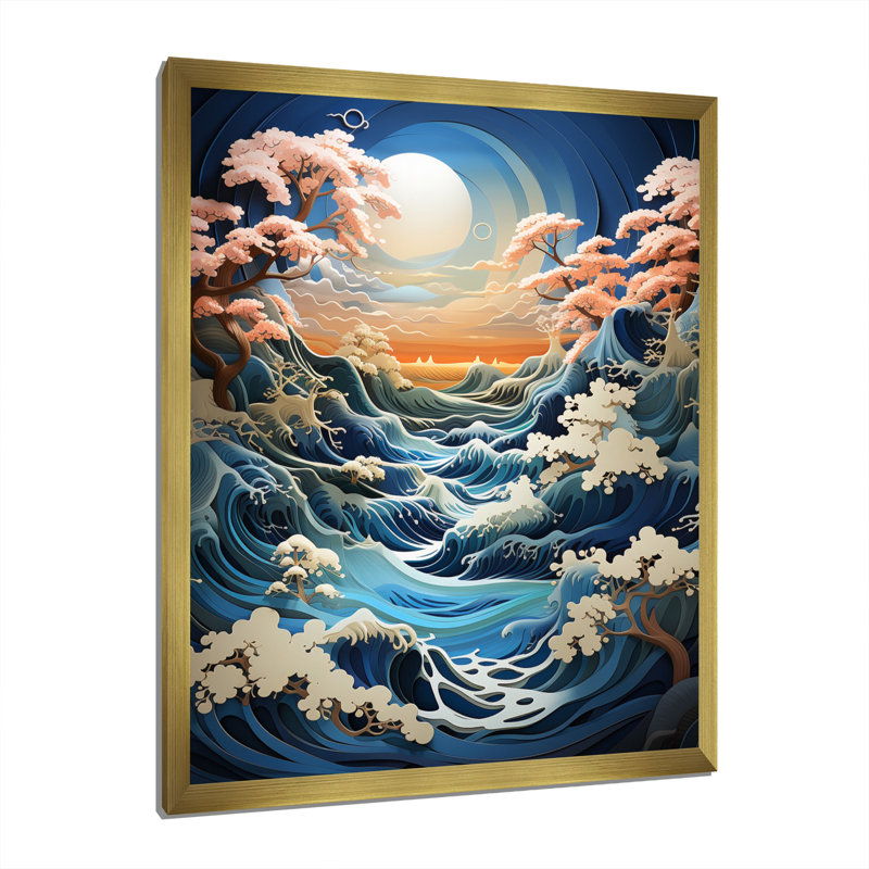 Iceberg sarcelle orange majestueux - imprimé, Encadrement doré, H 40 po x l 30 po x P 1,5 po