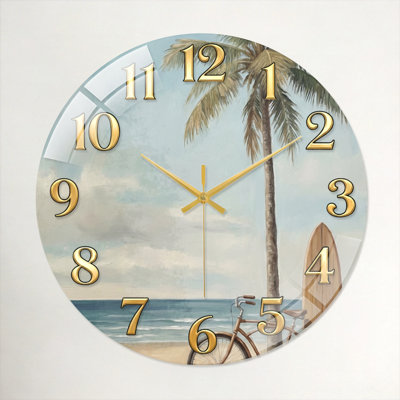 Beach Scene Modern Decorated Glass Wall Clock Home Decor Art-15.7"