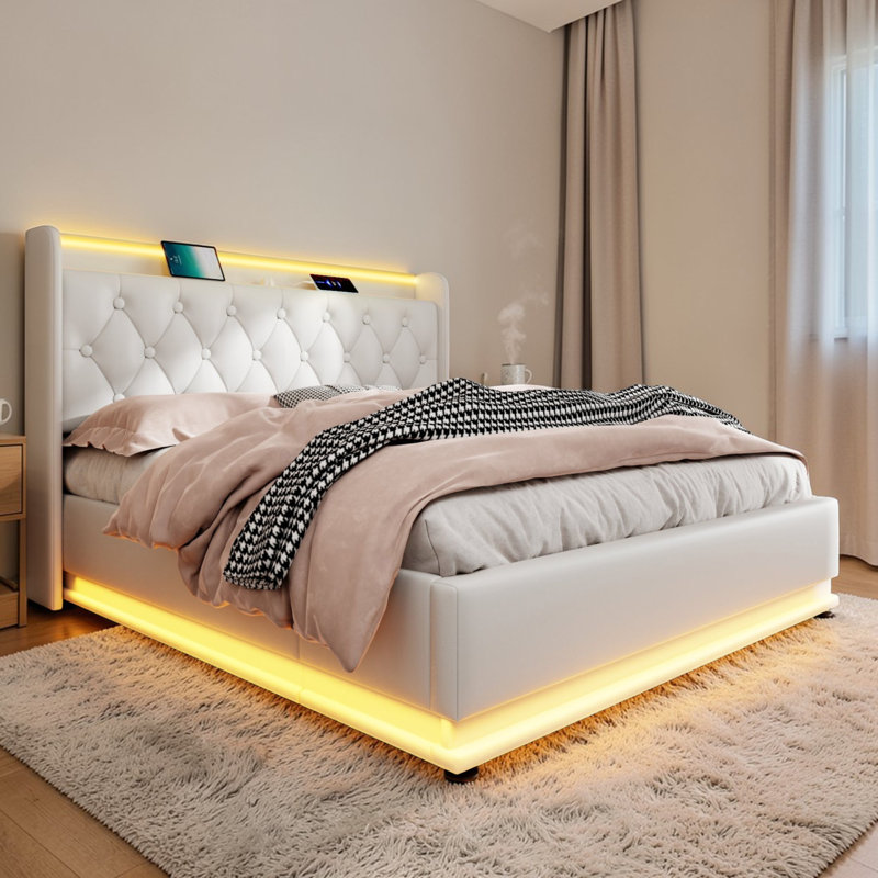 Upholstered 4Ft6 Ottoman Bed Frame With 360 Surround Led Function With Charging Function Hydraulic Storage Bed Frame With Large Storage Space  (No Mattress)