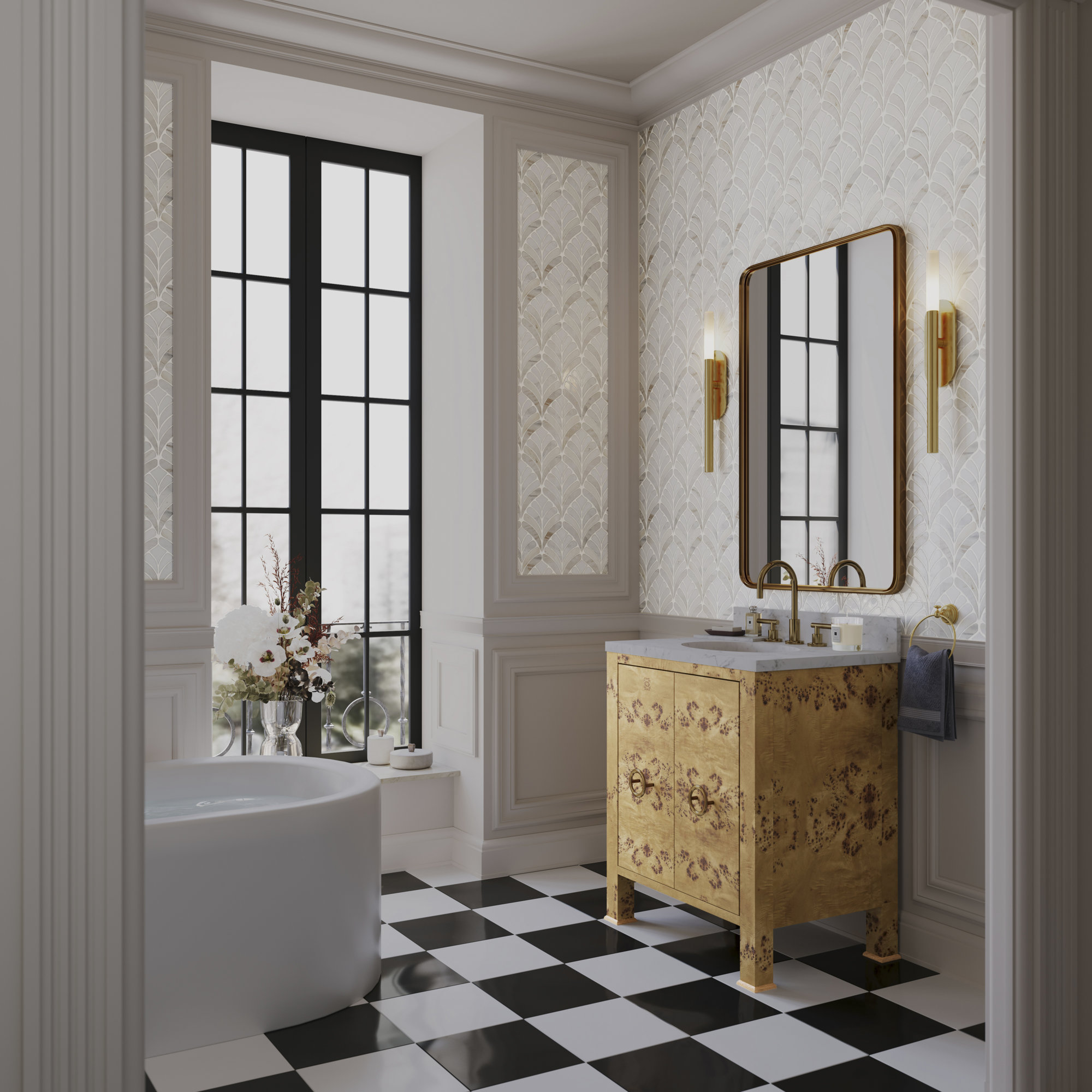 Rosea Floral 14.09 In. X 15.15 In. Polished Marble Mosaic Floor And Wall Tile (7.4 Sq. Ft. / Each), Bianco White