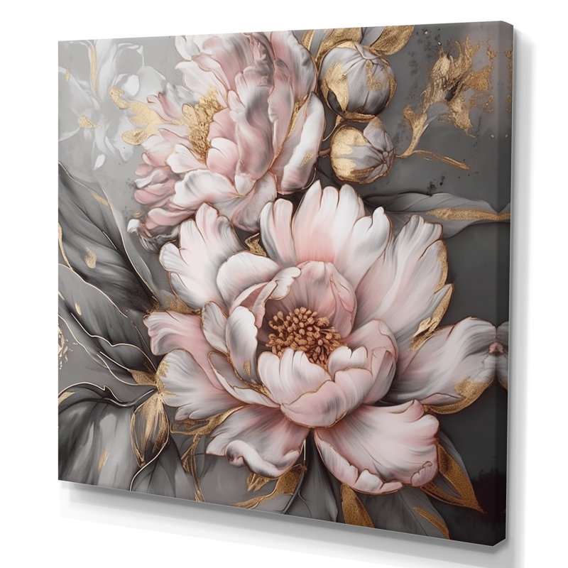 Rose et gris pivoines élégantes I - pivoines, art mural encadré, H 24 po x l 24 po, Toile tendue