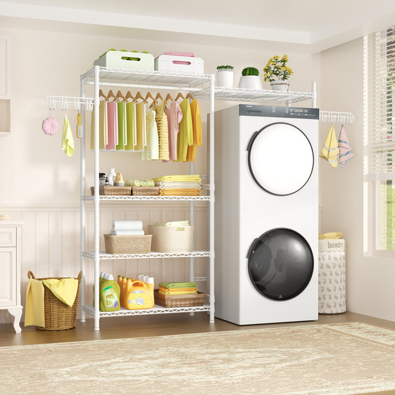 Over the Washer and Dryer Storage Shelf, Laundry Room Space Saver, Bathroom Storage and Organizer Rack for Hanging Towel and Drying Clothes with 5 Wire Shelves, 58.2"W x 13.4"D x 77.5"H, White