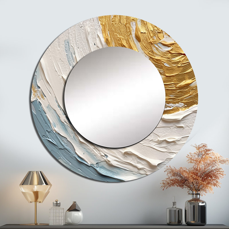 Audreauna or et bleu Vibrant Spirals II - miroir mural décoratif spirales abstraites, miroir rond moderne, art imprimé en métal