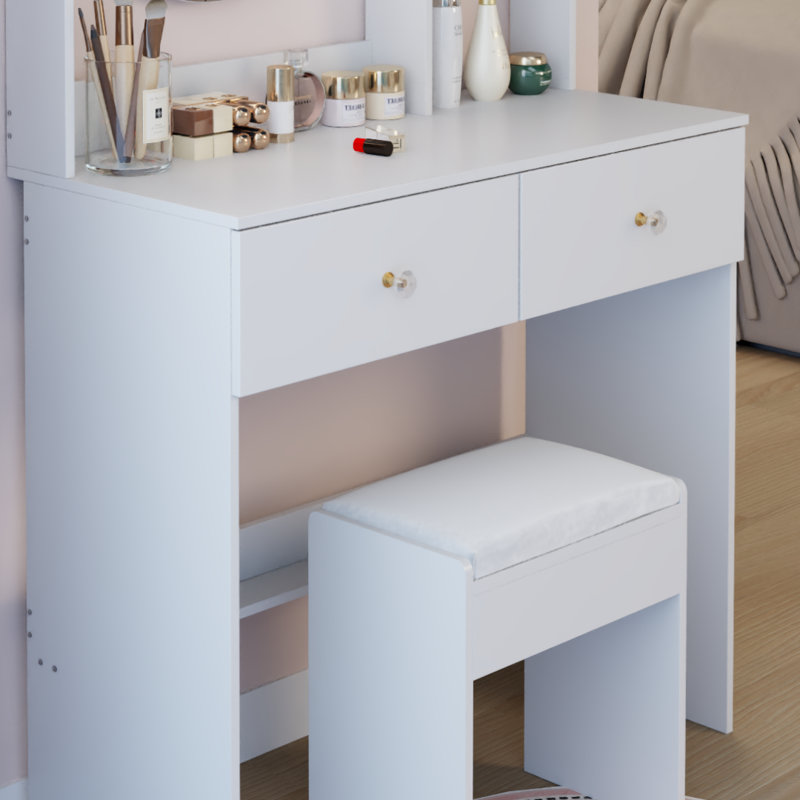 17" Round LED Mirror Vanity Table With Soft Cushioned Stool Set, Large Makeup Mirror, Touch Control Switch, 3 Color Lights & Adjustable Brightness, Spacious Tabletop, Multi-Layer High-Capacity Storage, Ideal For Small Spaces