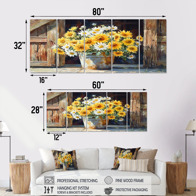 Braham - marguerites, art mural traditionnel, H 32 po x l 80 po, 5