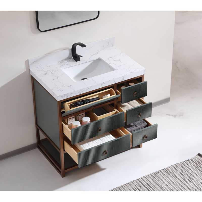 Meuble-lavabo 36 po avec cadre en acier inoxydable brossé doré et finition vert étain avec plateau de 2 po d'épaisseur, Blanc