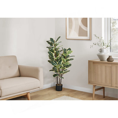 Plante artificielle, chêne, intérieur, faux, faux, plancher, verdure, pot, touche réelle, décoratif, feuilles vertes, pot noir