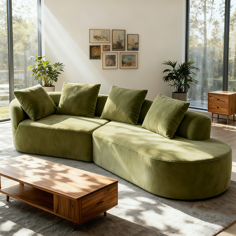 Lunford 116" Modern Curved Compression Sectional Sofa With Back Pillows, Light Green Polyester