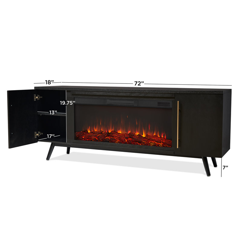 Morris 72" Mid-Century TV Stand with Electric Fireplace by Real Flame, Black, Standard