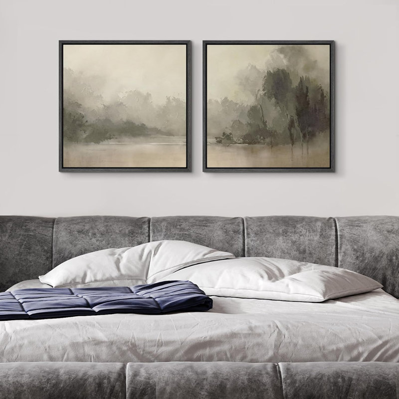 " Mystic River Fog Waterfront Forest Tree Nature Landscape Illustrations Modern Art Minimalist Decor " 2 - Pieces, Black