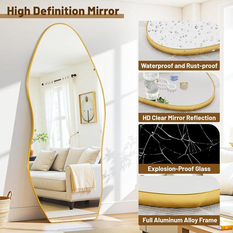 Miroir pleine grandeur, miroir de plancher de 76 po x 36 po avec support, miroirs irréguliers suspendus debout pour l'entrée de la chambre à coucher, forme ondulée, doré