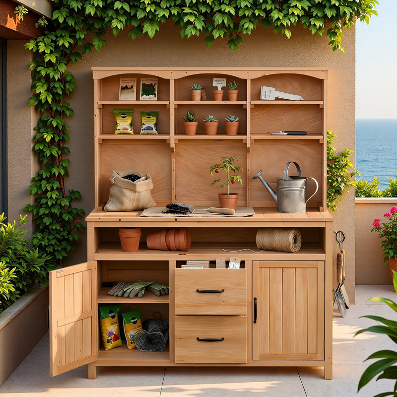 Banc de rempotage multifonctionnel avec 6 tablettes supérieures, 2 armoires inférieures, 2 tiroirs, une tablette inférieure ouverte, 3 crochets latéraux et un grand comptoir