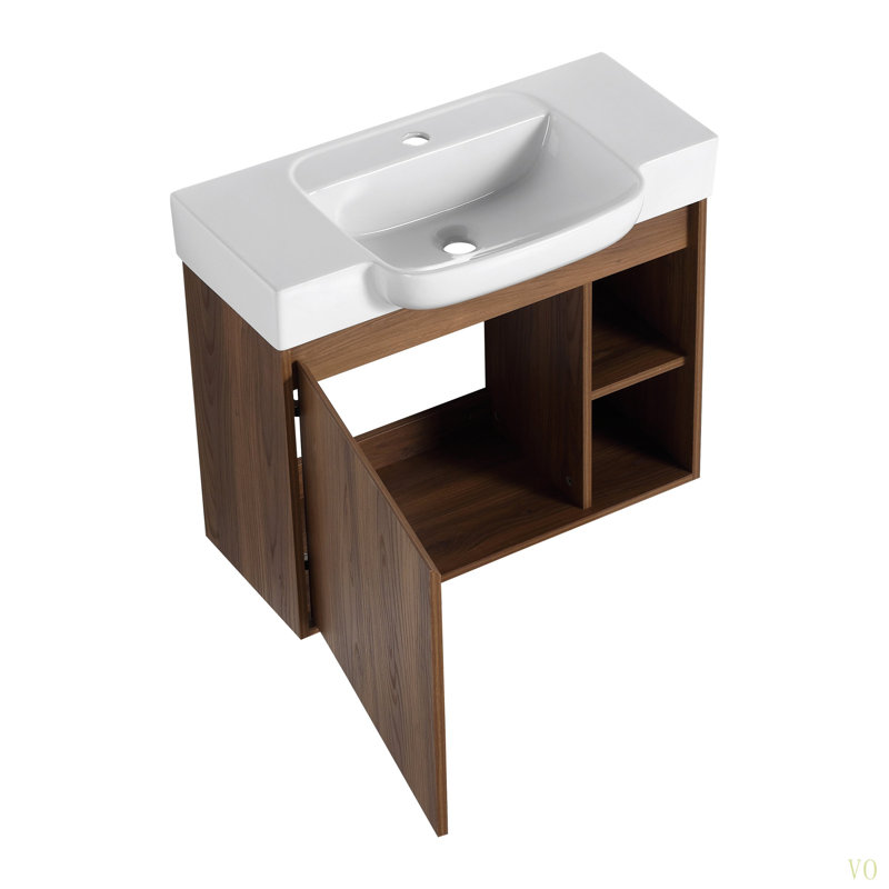 Meuble-lavabo mural 28 po avec lavabo en céramique et porte à fermeture en douceur, emballage KD, Brun ébène, 27"