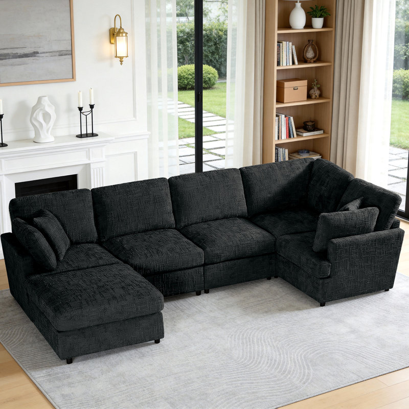 6 - Piece Reversible Modular Corner Sectional with Removable Ottoman, Black