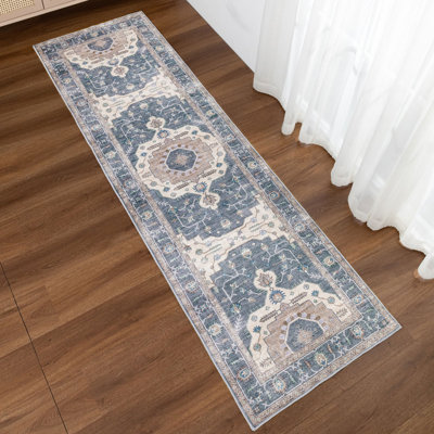 Janna Oriental Medallion Design Performance Machine Washable Area Rug Blue/Ivory